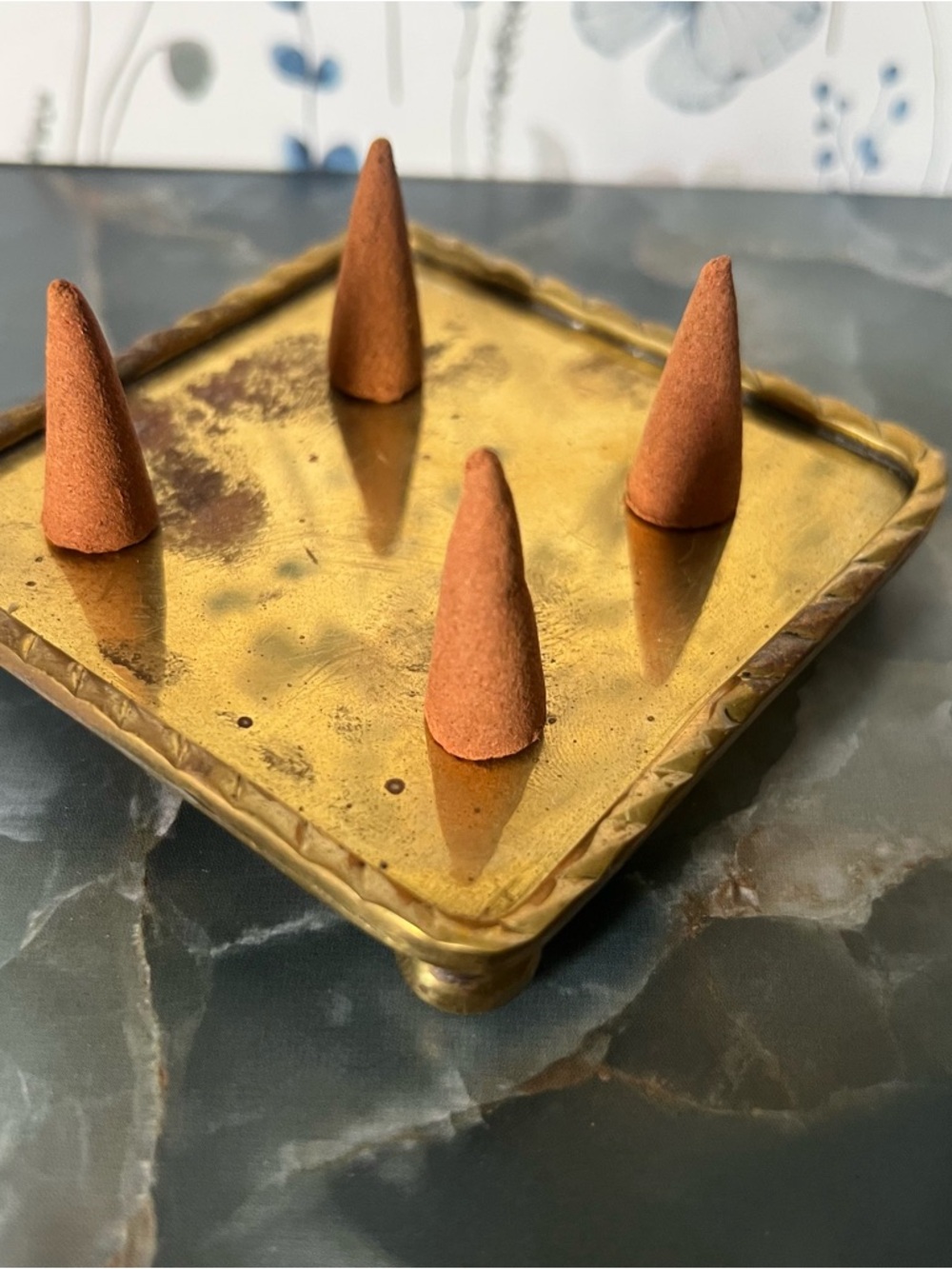 Vintage Brass Incense Cone Holder Candle Plate | Square Footed